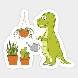 Cute dino watering his houseplants Sticker